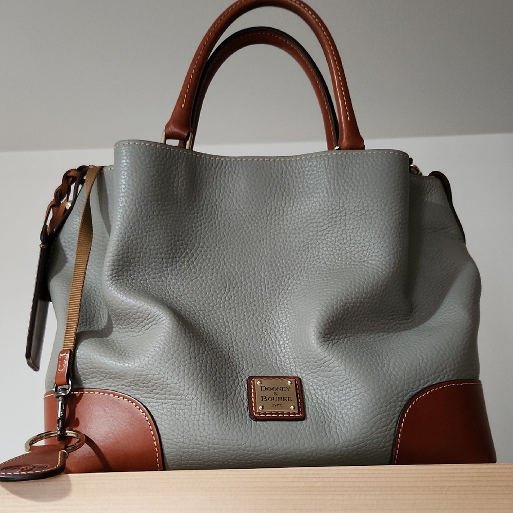 Dooney & Bourke Gray and Brown Pebble Leather Brenna Satchel With Accessories.
